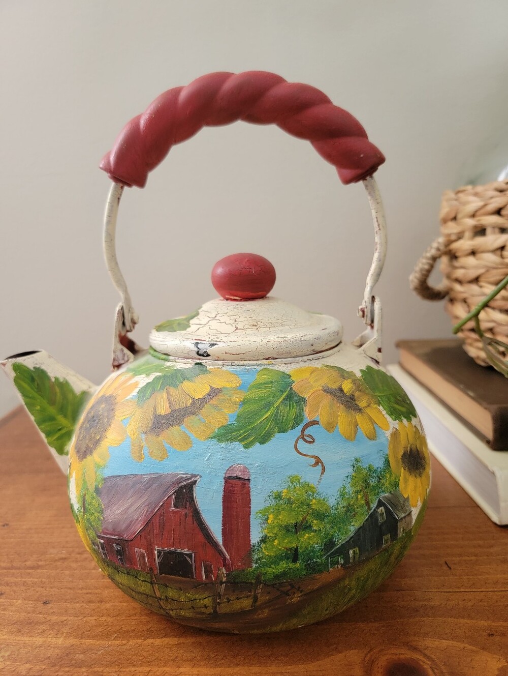 Handpainted Metal Tea Pot Kettle Sunflowers Farm Chippy Cottage Farmhouse Decor